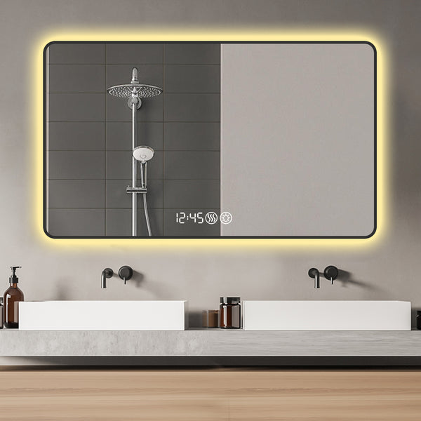 English Elm 48x32 Black Frame Wall Mirror with Time & Temp Display, 3-Color Dimmable LED, Defogger, Safety Glass W2709P242468