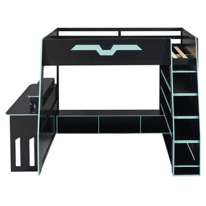 English Elm Full Size Wood Loft Bed with Rgb Lighting Desk and Multi-tier Shelves for Gaming Blue LT000374AAC