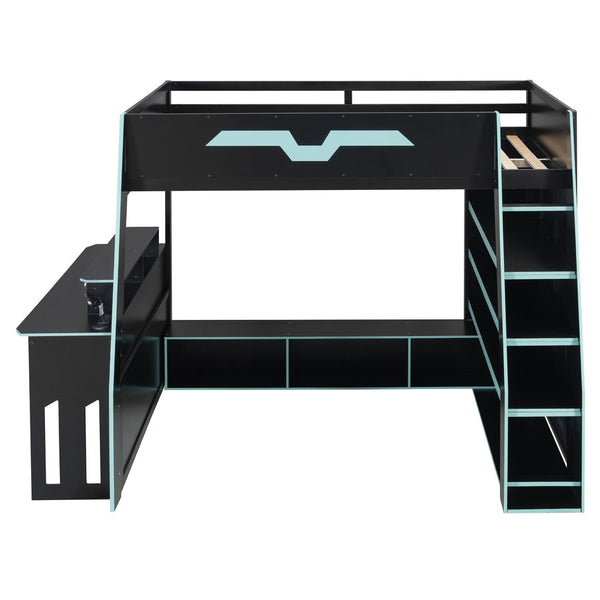 English Elm Full Size Wood Loft Bed with Rgb Lighting Desk and Multi-tier Shelves for Gaming Blue LT000374AAC