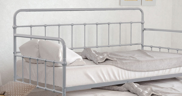 English Elm Silver Sleek Metal Twin Daybed with Built-In Trundle | Contemporary Minimalist Black Frame, Mattress-Ready Silver 16 L x 78 W x 8 H B2741P364826