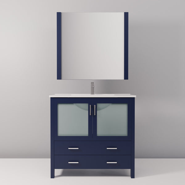 English Elm Navy Blue Bath Vanity Set With White Ceramic Top, Chrome Faucet & Matching 34" Mirror For Style Upgrade B2731S01290