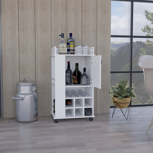 English Elm Fargo White Bar Cart with Cabinet, 6-Bottle Wine Rack, Open Shelf & Casters for Cocktail Prep B200P188860