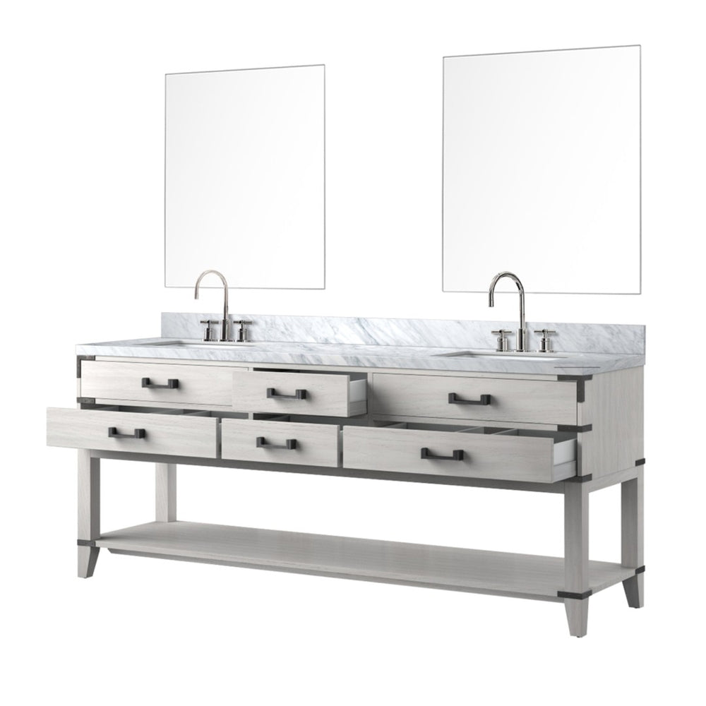 English Elm White Oak Double Bath Vanity Set With Carrara Marble Top, Chrome Faucets, And Matching Mirrors B2731S01908-GIGA