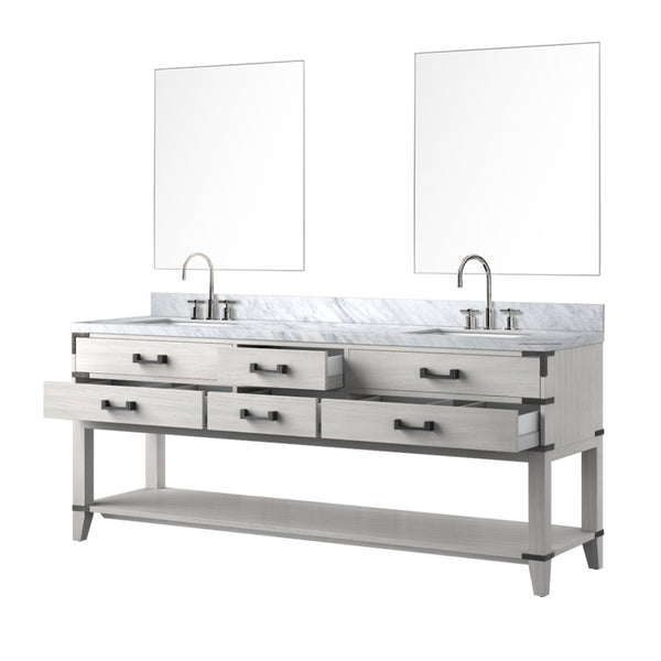 English Elm White Oak Double Bath Vanity Set With Carrara Marble Top, Chrome Faucets, And Matching Mirrors B2731S01908-GIGA