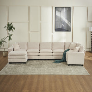 English Elm Modern U Shaped 6-Seat Sectional Sofa with Ottoman and 3 Toss Pillows, Corduroy Modular Comfort and Durable Frame White W2363S00039