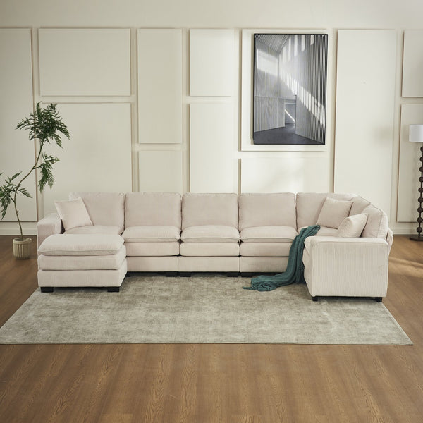 English Elm Modern U Shaped 6-Seat Sectional Sofa with Ottoman and 3 Toss Pillows, Corduroy Modular Comfort and Durable Frame White W2363S00039