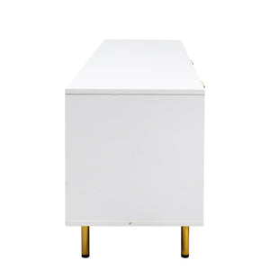 English Elm Modern warm white TV cabinet for 80" TVs with two drawers, durable particleboard, sleek storage design W331P240826