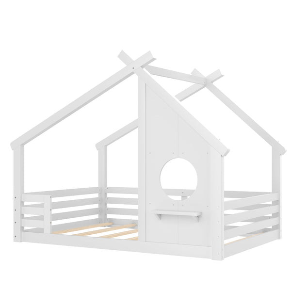 English Elm Full House Floor Bed with Roof Window and Shelf – Solid Pine Kids Loft-Style Low Bed, Durable Design White W1580P362693