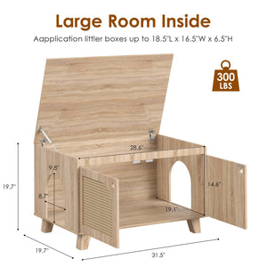 English Elm Flip Top Hidden Cat Litter Box Enclosure with Rattan Doors, Flip-Top Access, Odor Control, Stylish Table Ready Natural T3623P354971