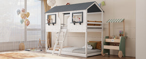 English Elm Twin Over Playhouse Bunk Bed Solid Pine Frame with Roof Windows Guardrail LT100045AAK-1