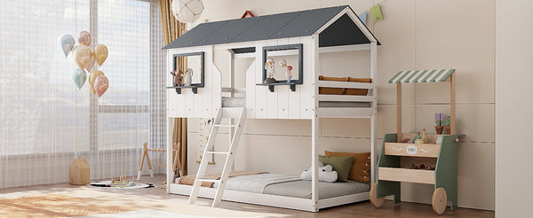 English Elm Twin Over Playhouse Bunk Bed Solid Pine Frame with Roof Windows Guardrail LT100045AAK-1