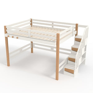 English Elm Twin Pine Wood Loft Bed with Built-in Shelving and Hook for Kids Bedroom W5305S00011