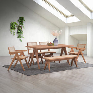 English Elm Casual Rattan Bench 51" Mid-Century Modern Backless Dining Seat Natural Finish Breathable Wood Elegance B2741P333531