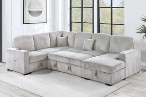 English Elm Modern Corduroy 4-piece Sectional with Storage Pull Out Bed and Usb Charging Port Ivory B011S02179