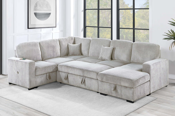 English Elm Modern Corduroy 4-piece Sectional with Storage Pull Out Bed and Usb Charging Port Ivory B011S02179
