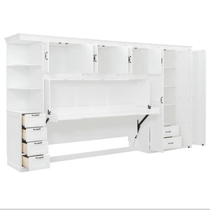 English Elm Twin Murphy Wall Bed with Integrated Desk Wardrobe and Storage Cabinet in White LP000767AAK