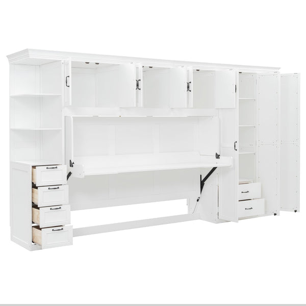 English Elm Twin Murphy Wall Bed with Integrated Desk Wardrobe and Storage Cabinet in White LP000767AAK