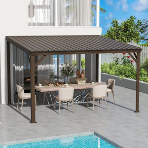 English Elm 10x12ft Lean to Hardtop Gazebo Wall Mounted Steel Roof Shelter for Deck Patio Brown W1859S00194