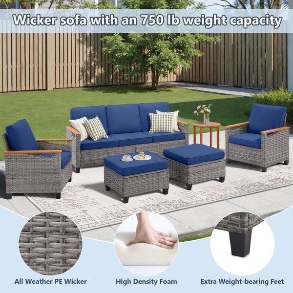 English Elm 73.2" Outdoor Handwoven Rattan 3 Seat Sofa with Olefin Cushions for Porch or Patio Blue T3773P418280