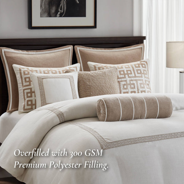 English Elm 8-piece Queen Bedding Set Slub Fabric Embroidery Velvet Accents Boutique Hotel Style Tan+Ivory B035P482955