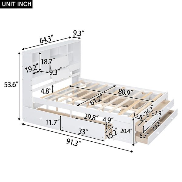 English Elm Queen Platform Bed Solid Pine Frame with Storage Headboard and Eight Organizer Drawers White GX000453AAK-1