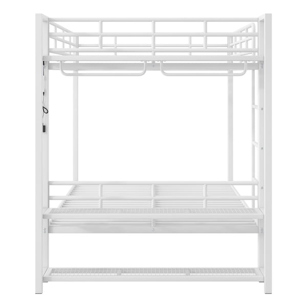 English Elm Full Size Metal Bunk Bed With Led Lights, Storage Shelves & Hooks - Stylish Space-Saver In White N7090000667K