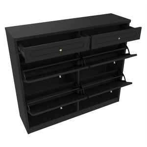 English Elm Wooden Farmhouse Entryway Shoe Cabinet with Six Drawers for Organized Hallway Storage Black W1580P402824