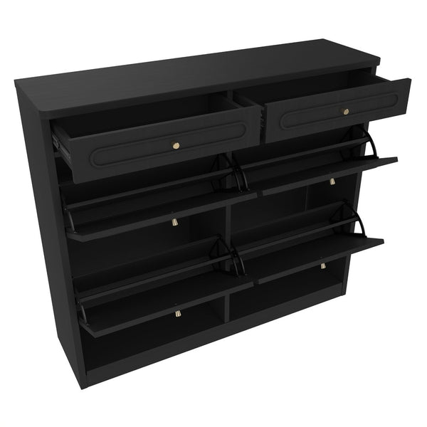 English Elm Wooden Farmhouse Entryway Shoe Cabinet with Six Drawers for Organized Hallway Storage Black W1580P402824