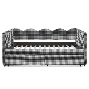 English Elm Full Size Gingham Linen Daybed with Wave Backrest Trundle and Usb Charging Port Black W1413S00154