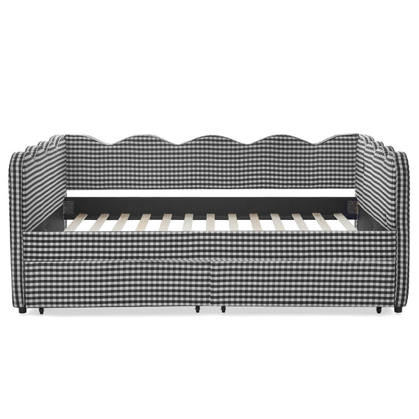 English Elm Full Size Gingham Linen Daybed with Wave Backrest Trundle and Usb Charging Port Black W1413S00154