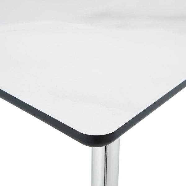 English Elm Modern Marble Look Glass Top Dining Table Slim Silver Legs Seats Six Minimalist W1151S04620