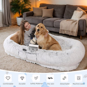 English Elm Human Plush Faux Fur Dog Bed 71"x45"x14" Gray — Washable Orthopedic Napping Lounger for Two W3101P314614