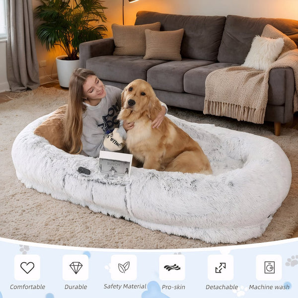 English Elm Human Plush Faux Fur Dog Bed 71"x45"x14" Gray — Washable Orthopedic Napping Lounger for Two W3101P314614