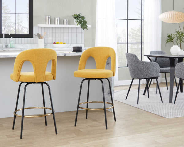 English Elm Fixed-height Swivel Counterstools with White Upholstery Gold Footrest Set of 2 Yellow B202S01785