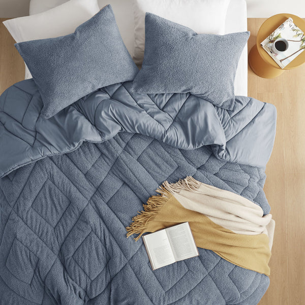 JLA Home Comfort Spaces - Double Plush Double Diamond Quilted Teddy Comforter Set — Oeko-Tex Softness, Year-Round Cozy Style Blue AM10-0263