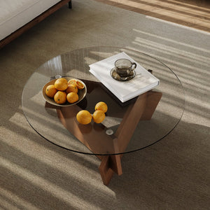 English Elm Modern Round Glass Top Coffee Table with Sculptural Wood Veneer Base for Living Room W2263P434052