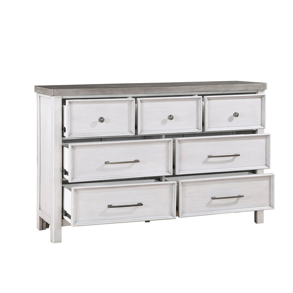 English Elm White Ambrose 7-Drawer Dresser in Antique White & Gray Acacia Veneer with Pewter Hardware, 62" B011P245001
