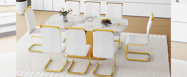 English Elm Table Set: Luxurious 71" Pandora Glass Dining Table With 8 White Pu Chairs & Gold C-Shaped Legs W1151S03232-GIGA