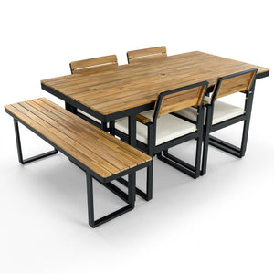 English Elm 6-piece Outdoor Acacia Wood Patio Dining Set with Cushioned Chairs Bench Steel Frame Beige N704G201255A
