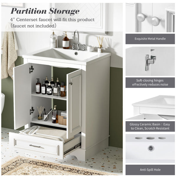 English Elm 24'' Bathroom Vanity with Ceramic Sink Combo Modern Freestanding MDF Cabinet with Soft-Close Doors and Sleek Silver Handles for Spacious Organized Bathroom Storage White N710P194893K