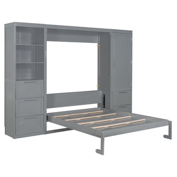 English Elm Queen Murphy Wall Bed with Wardrobe Drawers and Shelves for Studio or Guest Room Gray LP000865AAE-1