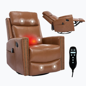 English Elm Deep Ochre Genuine Leather Swivel Rocker Recliner with Massage Heat for Living Room W1803P323711
