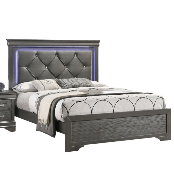 English Elm Dark Faux Leather Diamond Tufted Eastern King Bed with Built in Led Ambient Headboard Dark Gray,Gray B011S02089