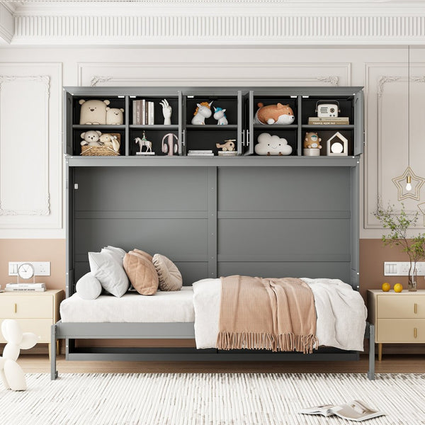 English Elm Queen Murphy Wall Bed with Top Cabinet Storage for Small Space Living Gray LP006665AAE-1