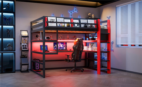 English Elm Full Size Gaming Loft Bed with Rgb Lights Wraparound Shelves and Built-in Usb Ports Red LT000299AAJ