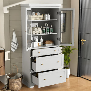 English Elm 70.1" Modern Tall Storage Cabinet with 3 Drawers, 2 Adjustable Shelves, Soft-Close Glass Doors, Gold Handles White N729P271979K
