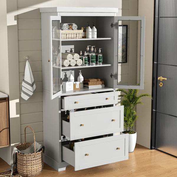 English Elm 70.1" Modern Tall Storage Cabinet with 3 Drawers, 2 Adjustable Shelves, Soft-Close Glass Doors, Gold Handles White N729P271979K