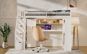 English Elm Full Loft Bed with Integrated Wardrobe Desk Shelving and Led Lighting for Teen Rooms Beige LT000927AAA