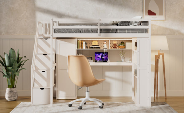 English Elm Full Loft Bed with Integrated Wardrobe Desk Shelving and Led Lighting for Teen Rooms Beige LT000927AAA