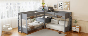 English Elm Twin L-shaped Bunk Bed Pine Wood Corner Design with Desk Drawers and Usb Charging Gray N820S00079E